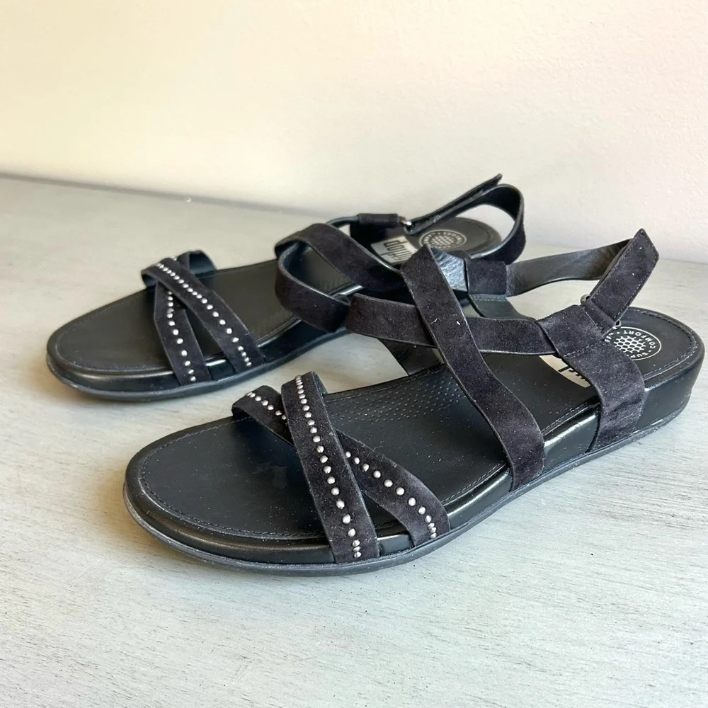 FitFlop Lumy Women Black Strappy Suede Studded Wedge Sandals Sz 8 Comfort
